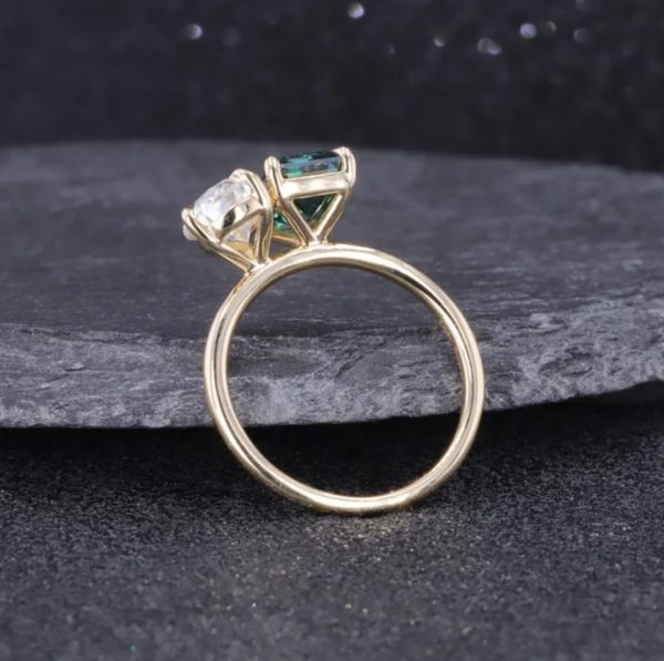 Toi Et Moi 2 Stone Lab Emerald and Moissanite Ring - Image 3