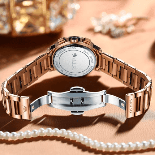 Vallure Rose Gold Stainless Steel Watch with Diamond Fashion Dress Design - Waterproof and Luminous - Image 3