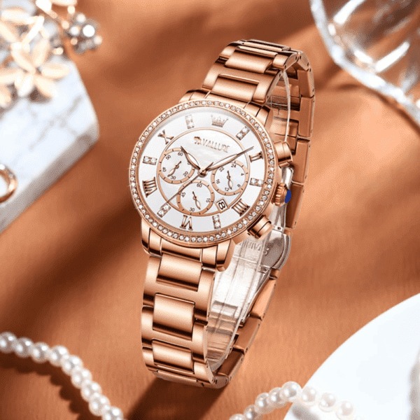 Vallure Rose Gold Stainless Steel Watch with Diamond Fashion Dress Design - Waterproof and Luminous - Image 2