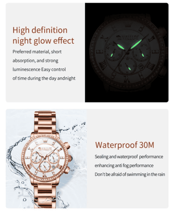 Vallure Rose Gold Stainless Steel Watch with Diamond Fashion Dress Design - Waterproof and Luminous - Image 4
