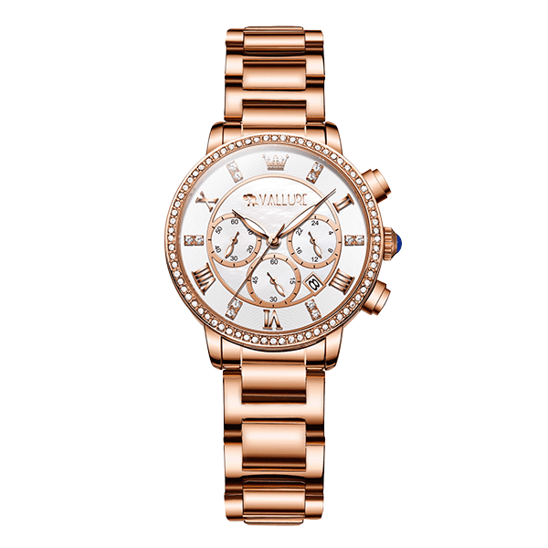 Vallure Rose Gold Stainless Steel Watch with Diamond Fashion Dress Design - Waterproof and Luminous